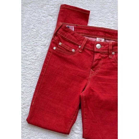 True Religion Halle Phantom American Flag Logo Tomato Red Skinny Jeans, Size 27 - Picture 7 of 16